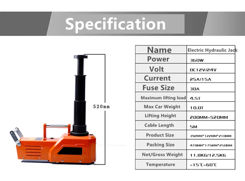 

10T Electric Heavy Duty SUV 12V/24V Car Jack electric jack Max Lifting height 52cm