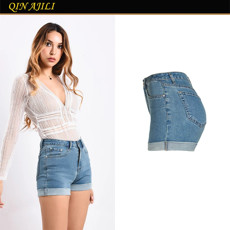 QIN AJILI Women 's Jeans Short Casual Straight Denim Cuffs Mujer Trousers Cotton Bleached For Woman Lady DIY Shorts Jean |