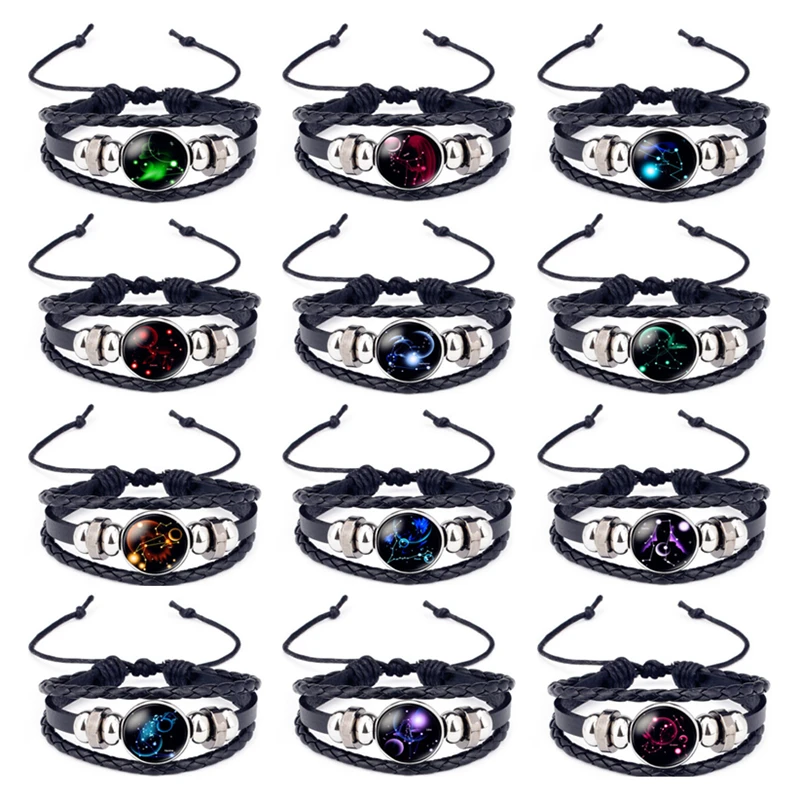 Лидер продаж, светящийся кожаный браслет 12 созвездий, браслет с бусинами и знаками Зодиака, браслеты для мужчин, светящиеся в темноте ювелирные изделия