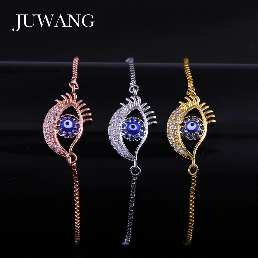 

JUWANG 2018 Turkey Blue Evil Eye Bracelets&Bangle for Woman Girl Cubic Zirconia Adjustable Gold Chain Bracelets Fashion Jewelry