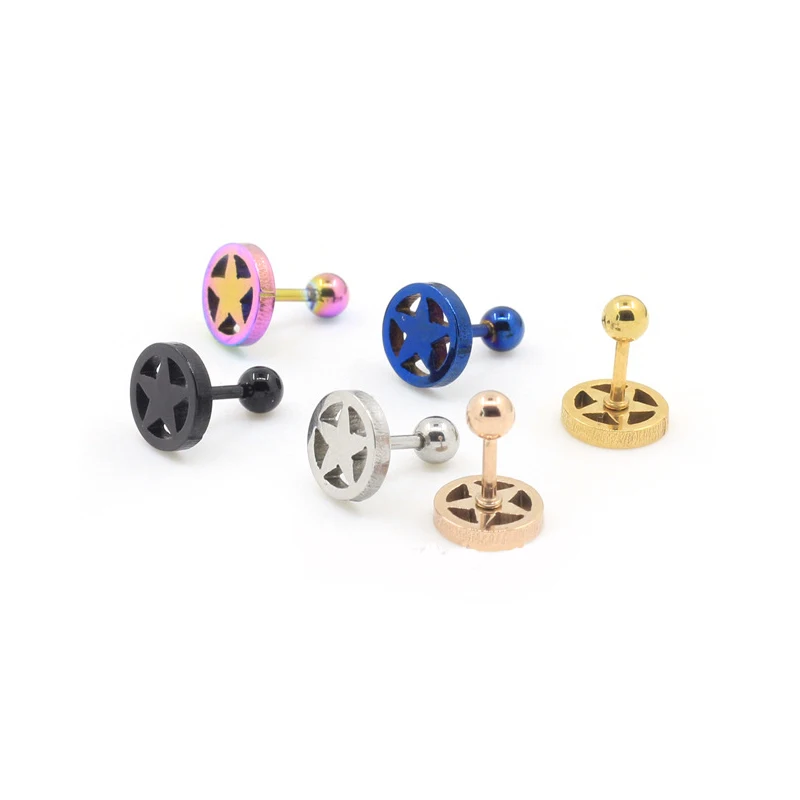 Alisouy Stainless Steel Earrings Pentagram Star Round Bolt Stud For Men Women Punk Gothic Wheel Black Female | Украшения и