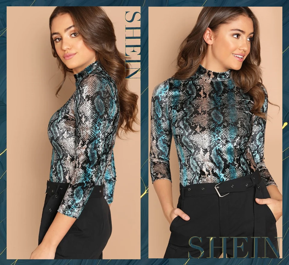 SHEIN, многоцветный топ из змеиной кожи с воротником-стойкой, элегантный пуловер с воротником-стойкой, осень, повседневная женская футболка, топ