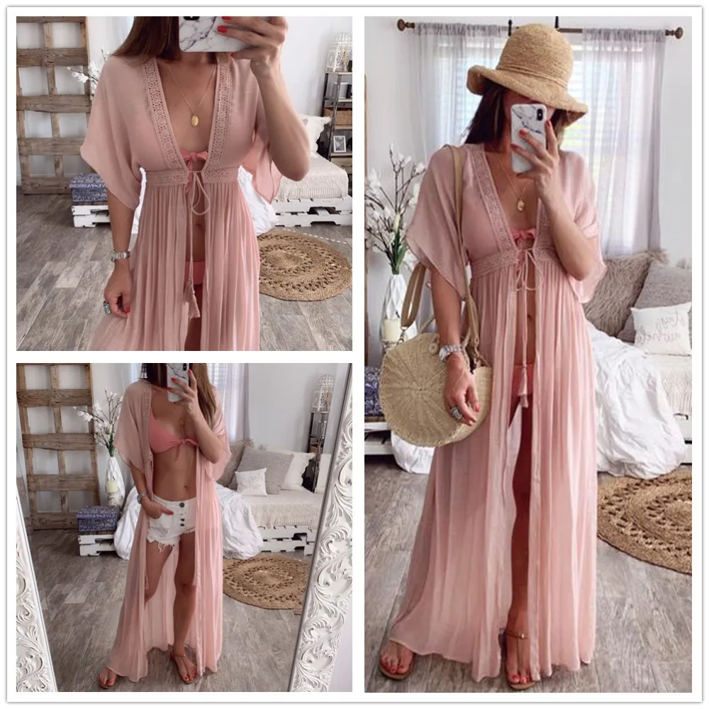 Fanbty Boho женское кружевное кимоно кардиган Пляжная накидка открытая стежка шифоновый кардиган праздничное платье длинные платья с коротким рукавом