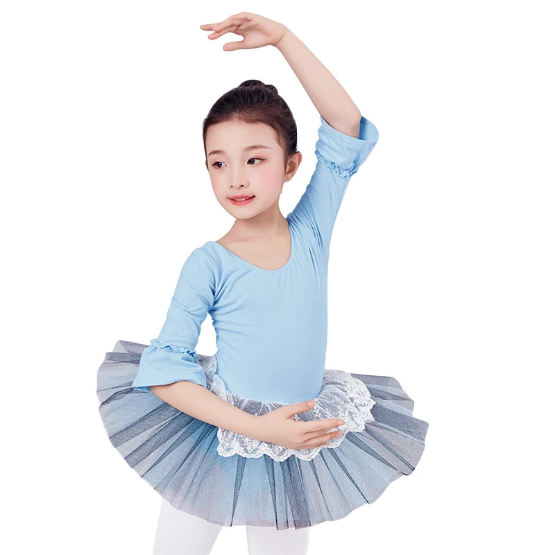 Light blue Новинка 3/4 года, детское бальное платье с длинными рукавами балетная юбка-пачка для танцев Детская кружевная Пышная юбка одежда для занятий балетом, платье - Цвет: Light blue