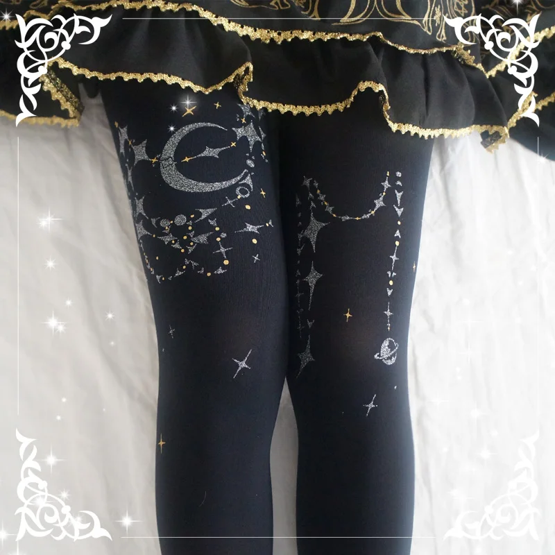 

Falling In The Milky Way Vintage Women's Lolita Tights Velvet Pantyhose Bronzing Cosplay Kawaii Cute Elegant Socks Sweet Black