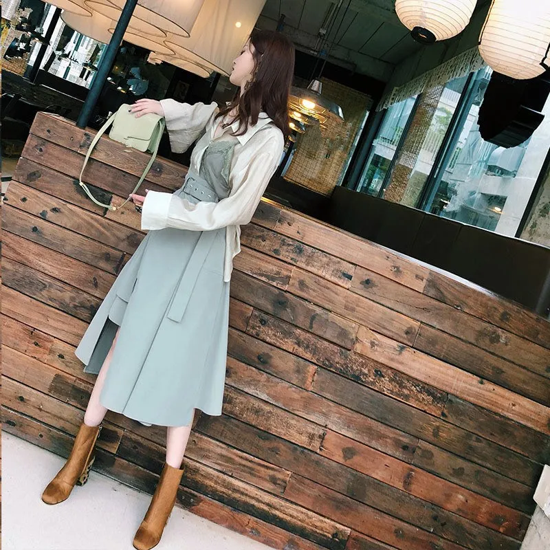 Модные женские костюмы с юбкой кружевная Лоскутная рубашка и Облегающие юбки