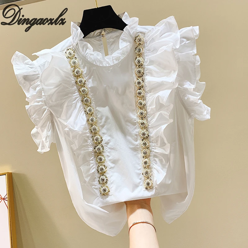 White Dingaozlz/белая рубашка с коротким рукавом; Милая женская одежда с листьями лотоса; шифоновая блузка с воротником и жемчужинами; топы; roupas feminina - Цвет: White