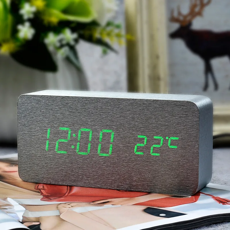 sliver green Suncree Деревянный цифровой светодиодный Будильник reloj despertador контроль звука температура электронный стол настольные часы - Цвет: sliver green