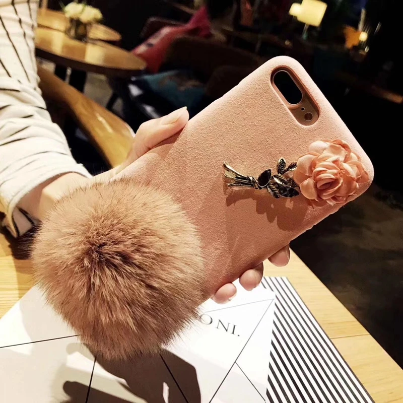 HOCAYU розы 3d чехол для телефона Iphone х лисий мех мяч Pom тканевый 7 плюс 8 девушка
