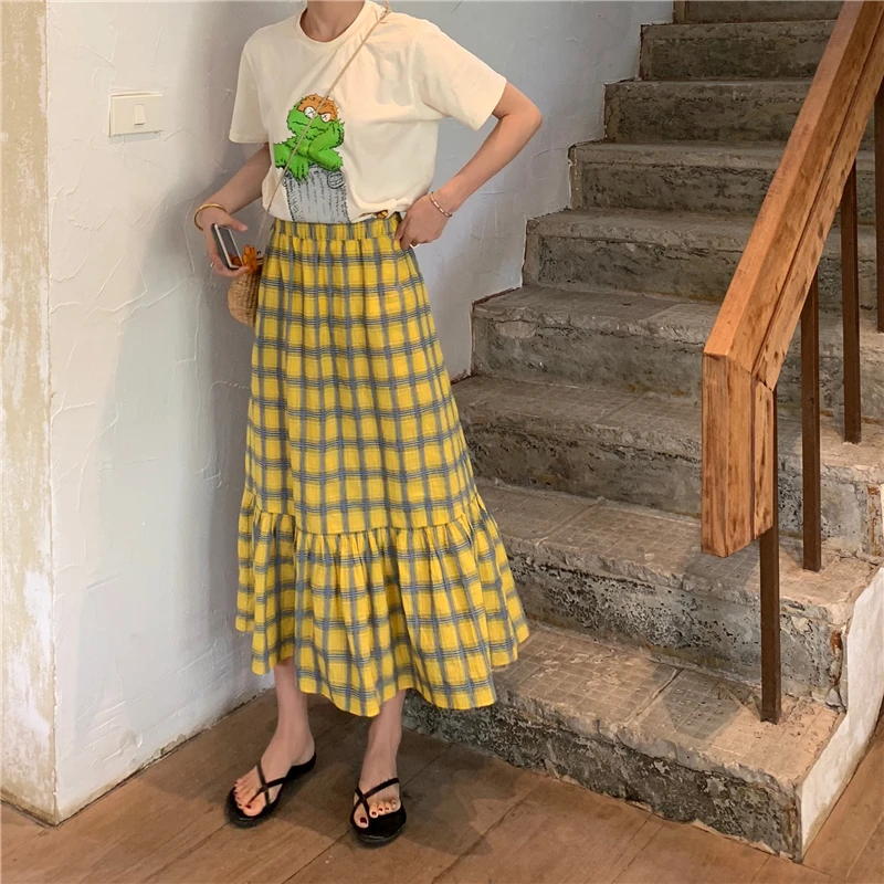 YICIYA Harajuku желтая плиссированная клетчатая длинная юбка в корейском винтажном стиле с высокой талией клетчатая юбка с эластичной талией Женская