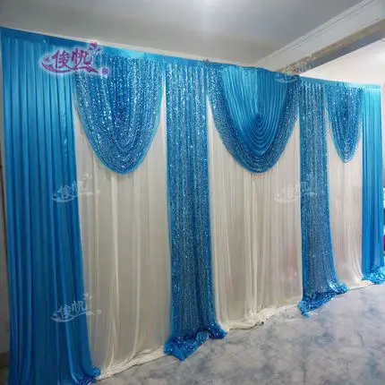 

Shiny Sequies Unique Design Perfect 3X6M Custom Made Color Pleated blue Swags Wedding Backdrops For Wedding Party Event Decor