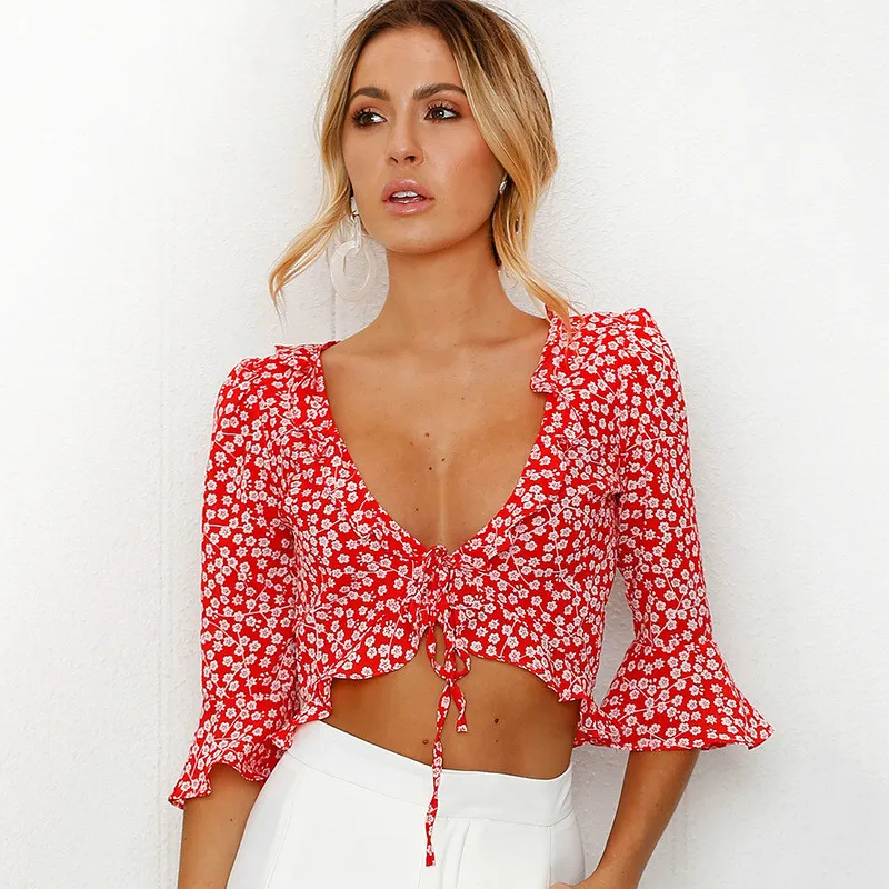 Весна Лето Печать v образным вырезом Лотос рукав короткая рубашка блузка