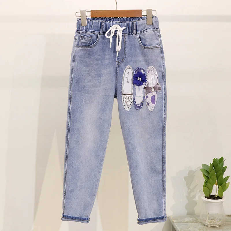 Футболка с принтом и бисером бриллиантами джинсовые штаны эластичной резинкой
