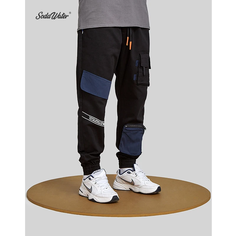 SODA WATER 2019 text printed cargo pants street men's waist elastic strength jogging 94181SS|Брюки-карго| |