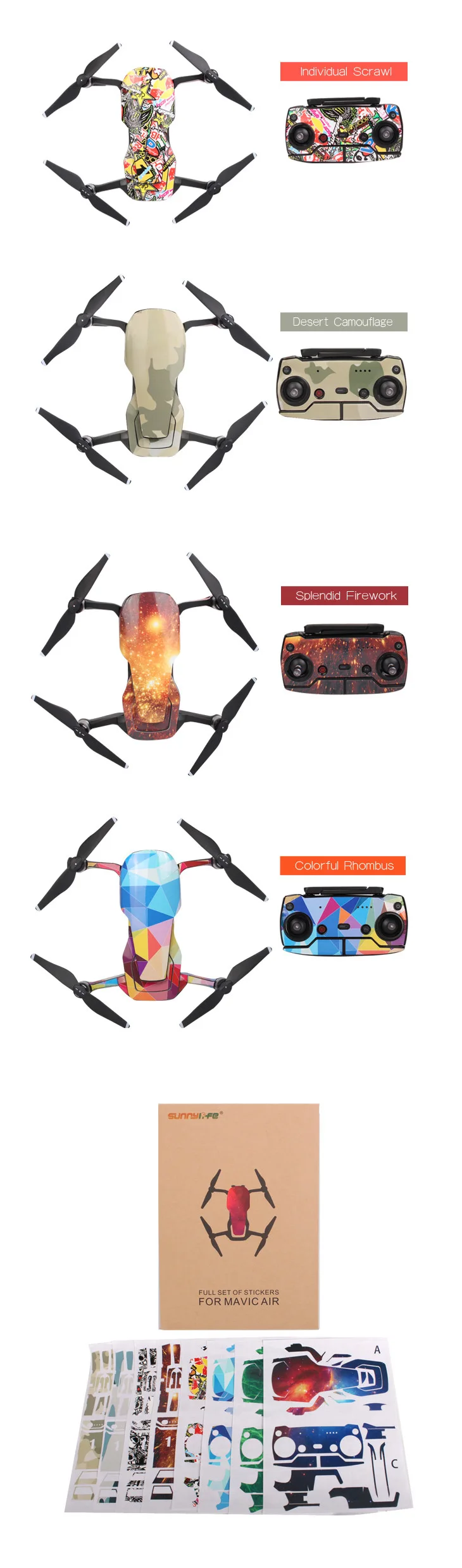 Sunnylife новые чехлы для DJI Mavic Air водонепроницаемые ПВХ крутые наклейки Полный набор боди+ RC+ 3 батареи наклейки для DJI Mavic Air Drone