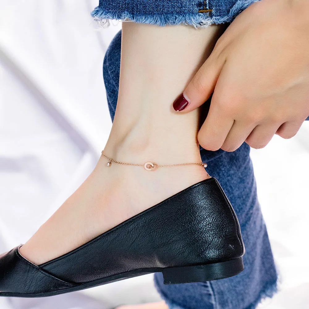 Lokaer Titanium Steel Bohemia Beach Chain& Link Anklets For Women Girls Trendy CZ Crystal Roman Numerals Charm Anklet OGZ083