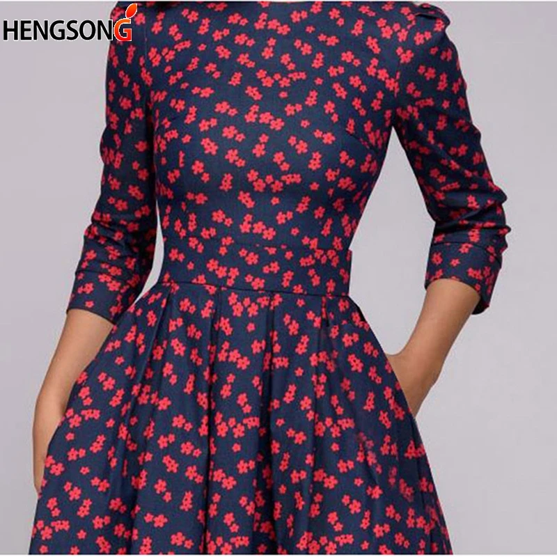 

Women's Autumn Clothing Printed A-Line Dress Three Quarter Sleeve Vintage Floral Pattern Dresses With Pocket Robe Femme