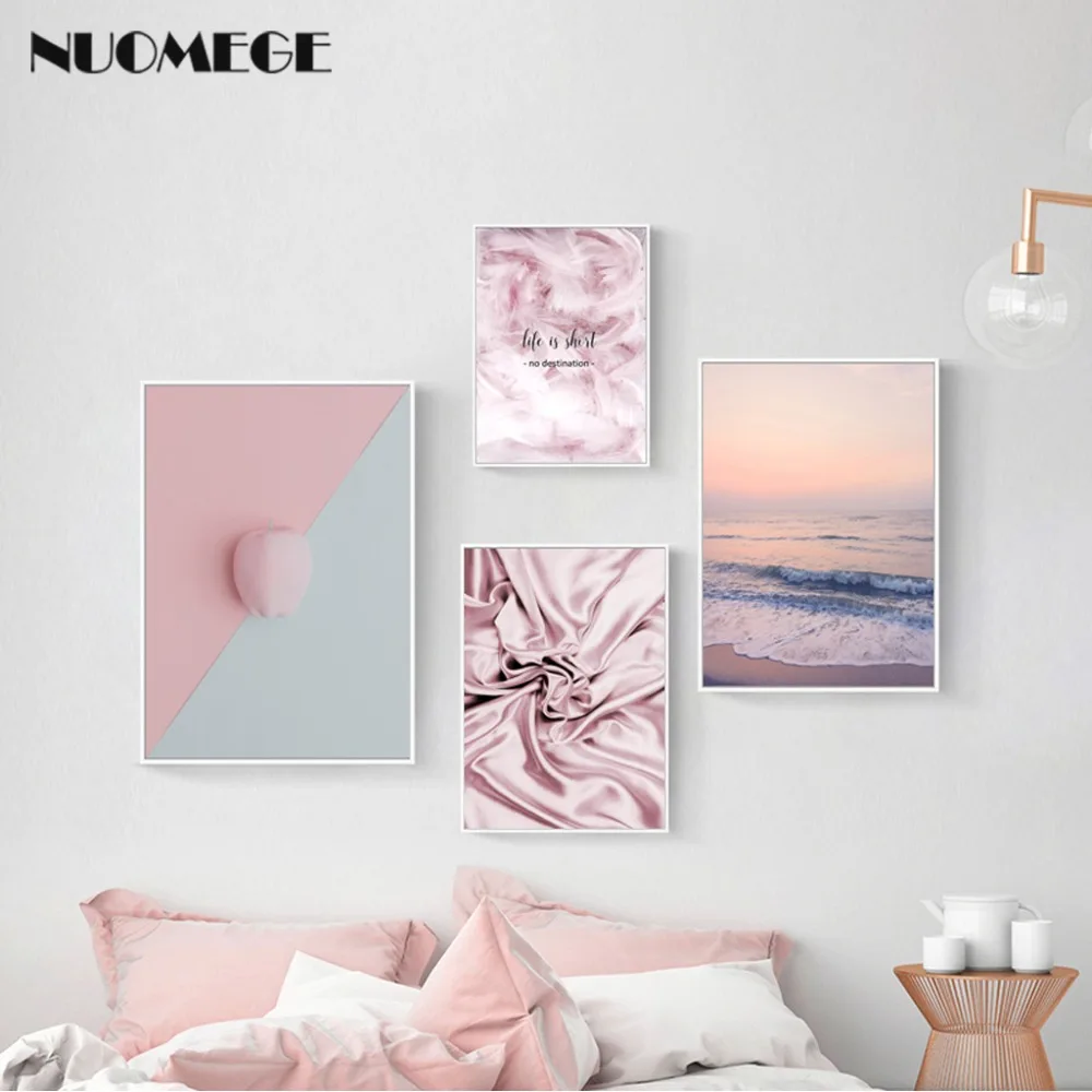 

NUOMEGE Nordic Ins Pink Feather Landscape Painting Wall Art Canvas Painting Sweet Romance Poster Print for Girls Room Decoration