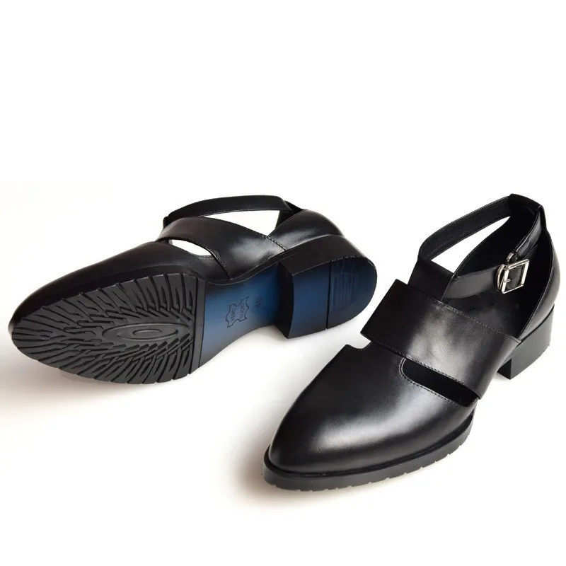 Fashion Mens Hollow Out Pointed Toe Sandals Buckle Genuine Leather Block Heels Shoes Men Rome Gladiator | Обувь