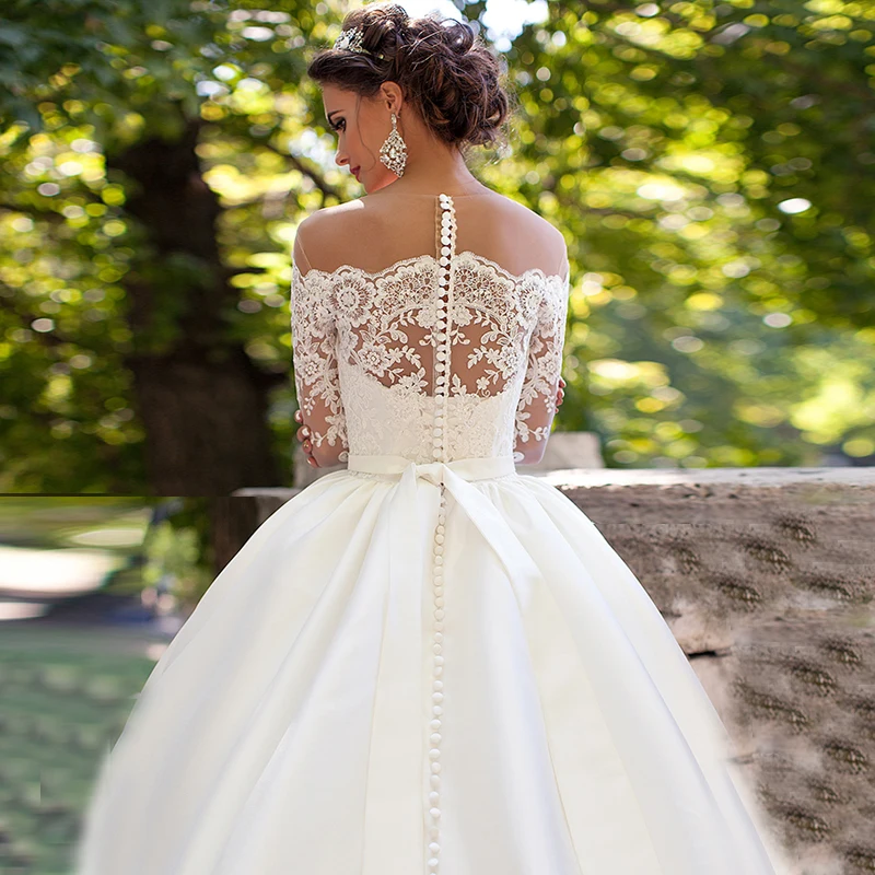 Newest Desinger Wedding Dress Long Sleeves Boat Neck vestido de novia with Sash Satin Ball Gown Bridal 2016 Lace Plus Size | Свадьбы и