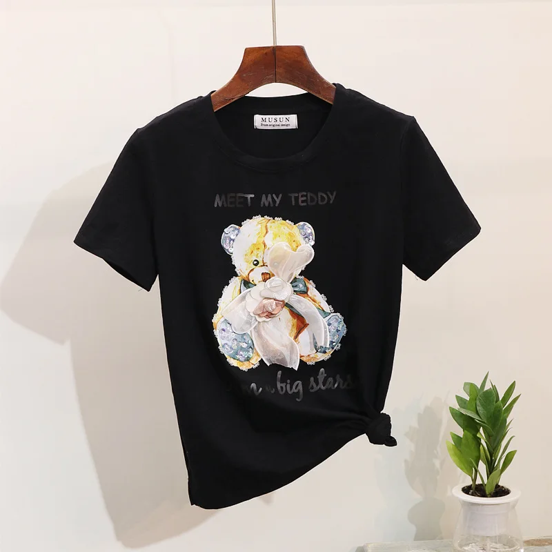 2019 Весна и лето новая женская футболка жемчужные блестки мультфильм Медведь