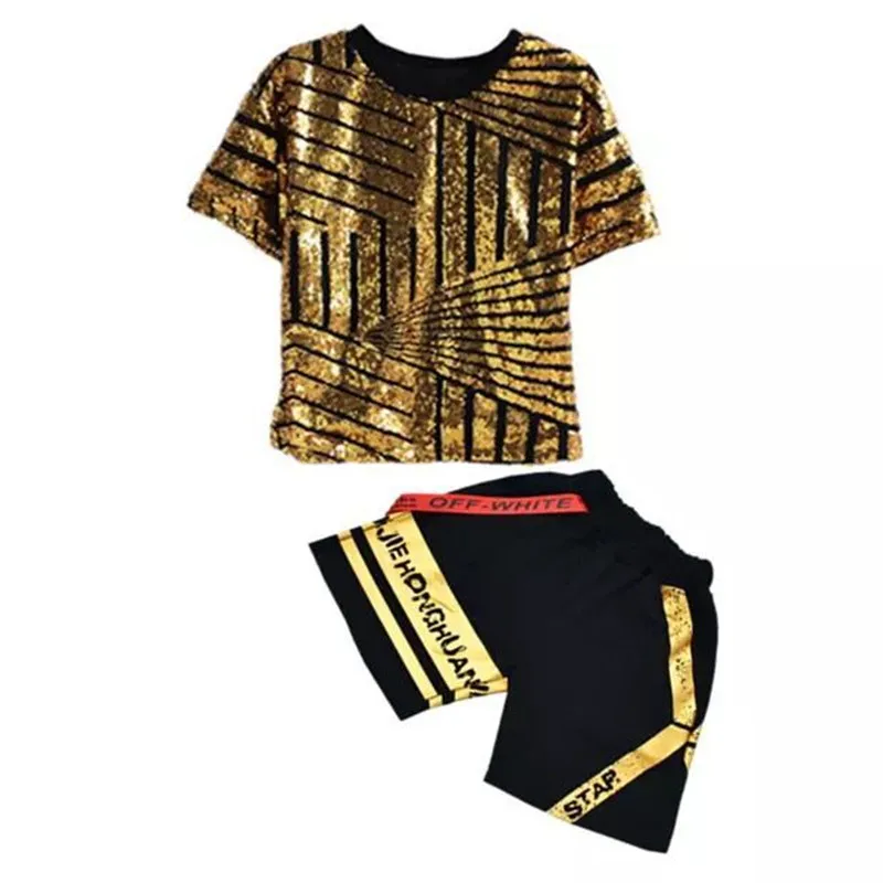 Children'S Jazz Dance Costumes Boys Girls Hip-Hop Short-Sleeved Street Set Sequins Tops Shorts Performance Clothing DL2598 |
