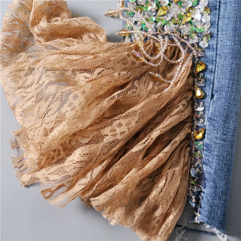 2018 женские модные кружевные комбинированные джинсы длинные узкие брюки