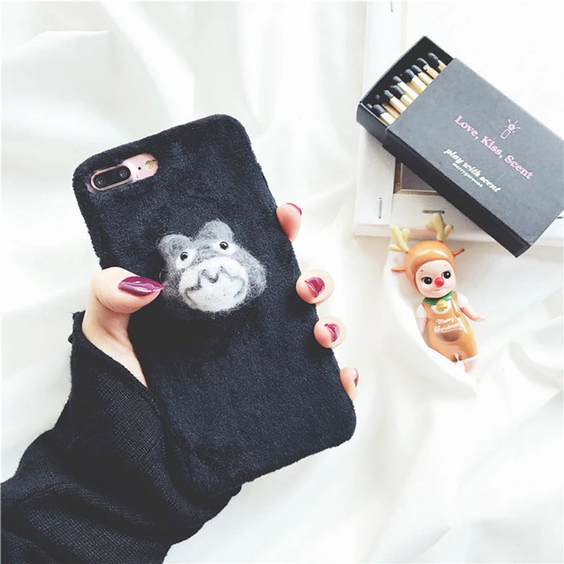 Winter Plush Totoro Briquettes Pendant for Apple iPhone 8 8plus 7 7plus Phone Case X 6 6s Plus Cartoon Coque | Мобильные телефоны и