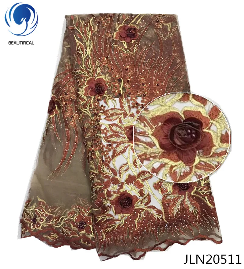 

BEAUTIFICAL White lace fabric african tulle lace fabric with beads mix stones 2018 New arrival 3d flowers net lace fabric JLN205