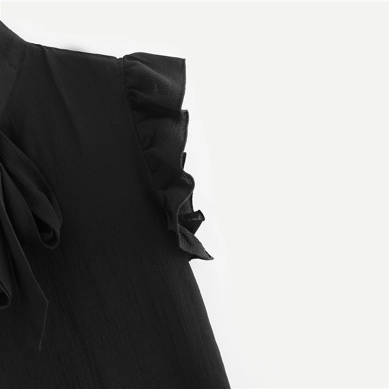 SHEIN горчичная элегантная Офисная Женская блузка с оборками на плечах и завязками на шее с цветочным принтом, летняя женская шифоновая блузка и блузки