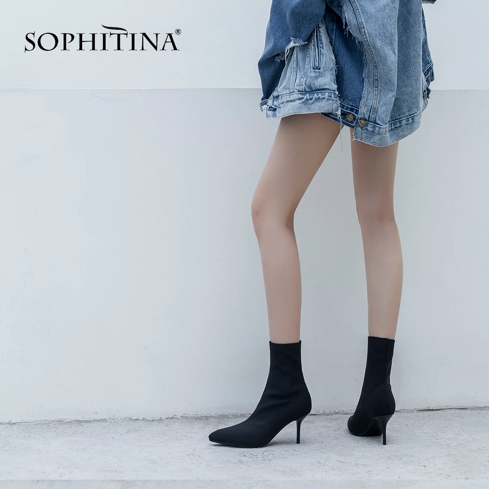 SOPHITINA Sexy Pointed Toe Boots Fashion High Quality Silk Thin Heels Solid Women's Shoes New Hot Sale Unique Ankle Boots MO238