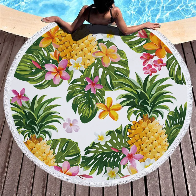 POBING Pineapple Floral Round Beach Towel With Tassels Microfiber 150cm Picnic Blanket Mat Tapestry Serviette De Plage |