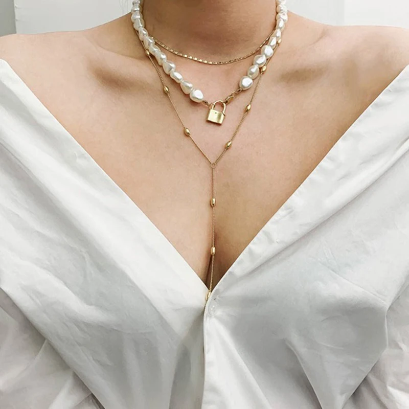 SRCOI Hip Hop Multi-layer Irregular Freshwater Pearls Chain Metal Beads Line Lock Pendant Necklace Gold Color Boemia Women Neckl