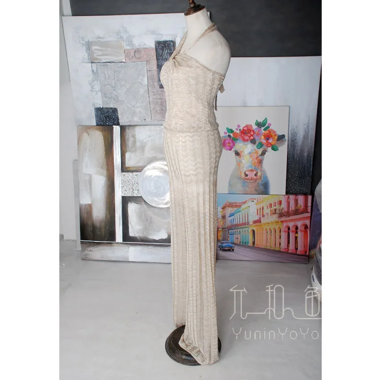 YUNINYOYO  High-grade glittering golden metal wire Perspective neck-tied corrugated knitted women long pants with lining summer