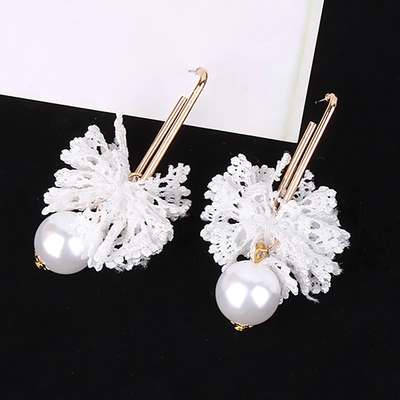 Женские Висячие серьги Boucle D'oreille длинные с искусственным жемчугом и кружевными