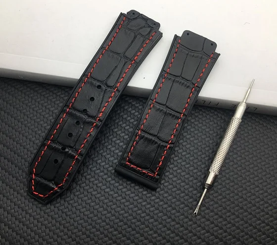 Black red line Синий, красный, белый 25*19 мм из натуральной коровьей кожи резиновый ремешок для часов Hublot ремешок для Big Bang ремень часы ремешок Бабочка Пряжка Инструменты - Цвет ремешка: Black red line