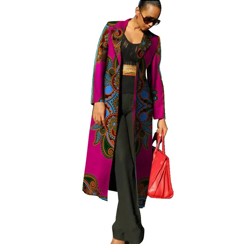 Dashiki African Clothing for Women Full Sleeve Wedding Dresses Bazin Riche Mid Calf Length Print Trench Coat | Тематическая одежда