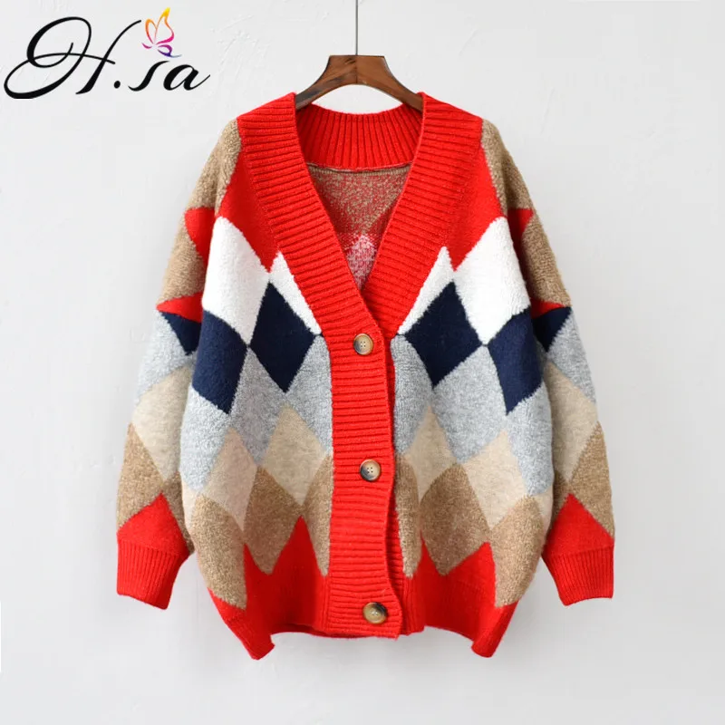 

H.SA Women Spring New Sweater Cardigans V neck Geometric Warm Poncho Jumpers Loose Style Oversized Knit Overcoat Outerwear Tops