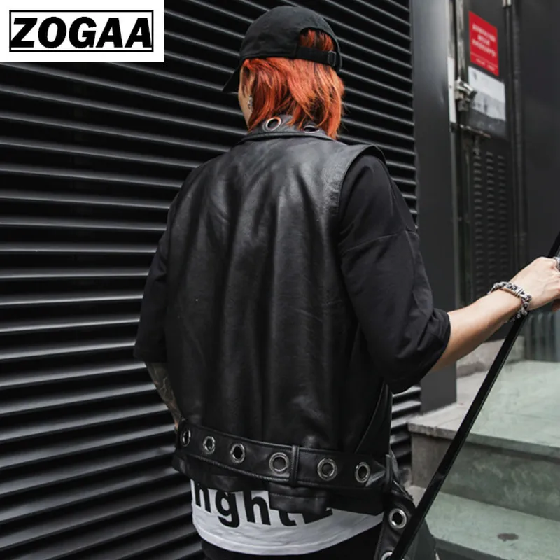 Мужской жилет с дырками ZOGGA черный однотонный кожаный в стиле панк рок для