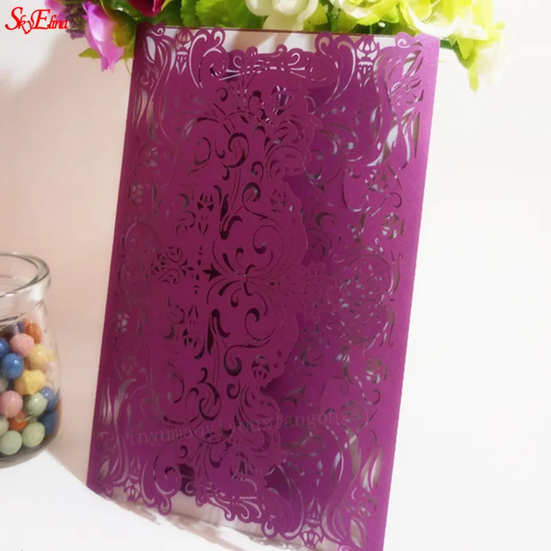 Dark Purple 1/10/30 шт. роскошной флорой и лазерная резка, для свадьбы Приглашения карты элегантные свадебные конверты события вечерние Тип печати кружева предложить 6Z - Цвет: Dark Purple