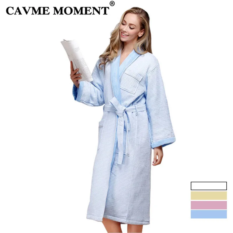 CAVME LOGO CUSTOM Cotton Waffle Kimono Bathrobe Bride Long Robe Hotel Women Solid Color Sleepwear Lounge Night Dressing Gown