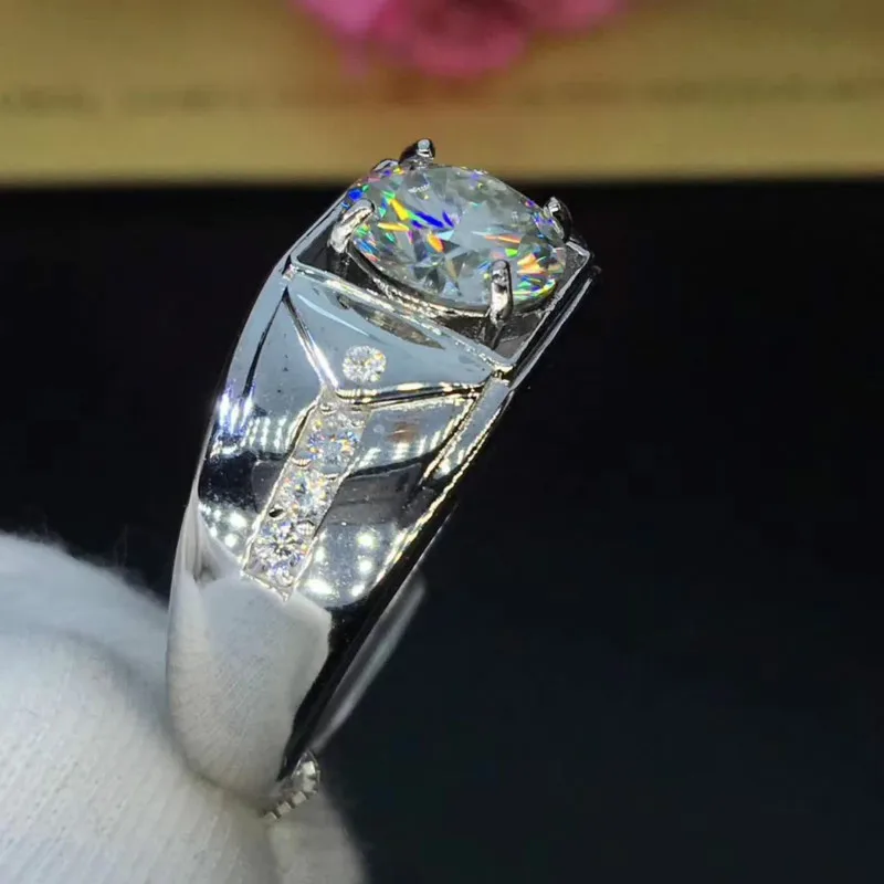 Классический 2ct карат Круглый Муассанит обручальные кольца Для мужчин стерлингового серебра 925 платиновым покрытием кольца Мужской D Цвет VVS1 ясности
