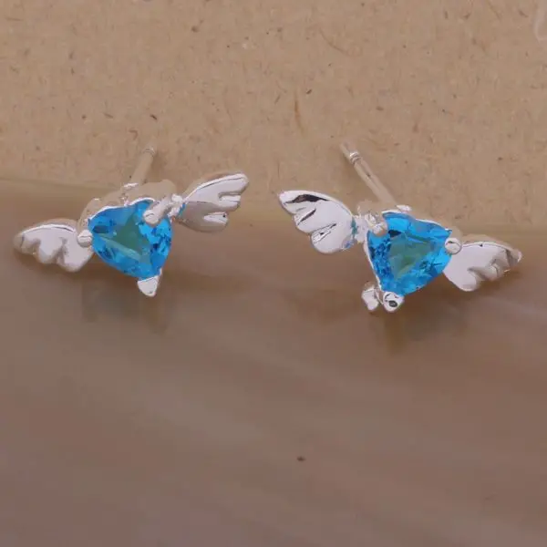 Женские серьги серебряного цвета с крыльями и голубым сердцем|silver earrings|wholesale silver