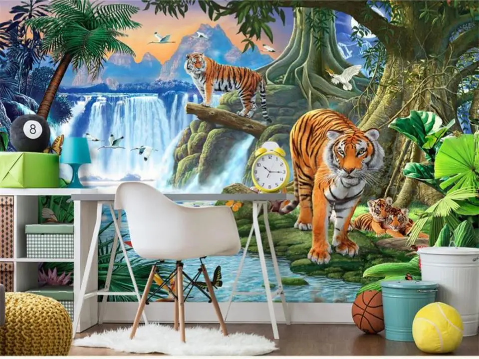 Пользовательские 3d фото обои дети росписи водопад Лес Тигр картина Гостиная