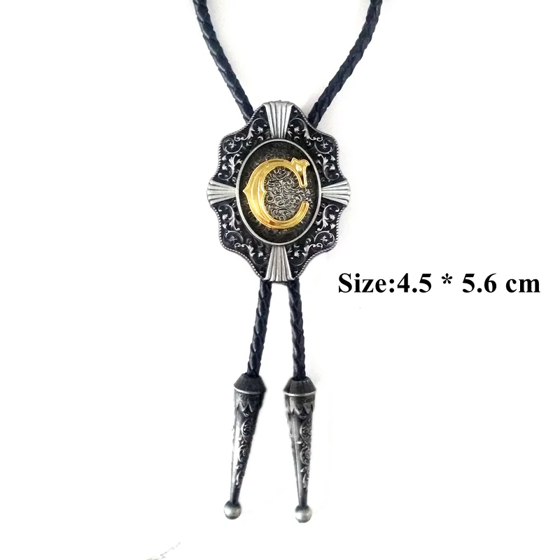 5 pcs wholesale Vintage Western cowboy bolo tie for men Black leather chain metal buckle With Gold Letter &quotC&quot custom ties |