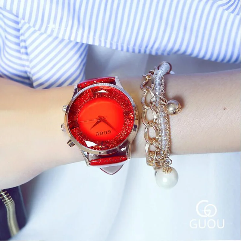 red-gold GUOU часы женские Топ Роскошные модные кварцевые часы женские наручные часы из натуральной кожи с бриллиантами Женские часы saat relogio feminino - Цвет: red-gold