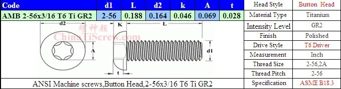 Титановые винты 2-56x3/16 Кнопка головка Torx T6 Драйвер Ti GR2 полированный 50 шт