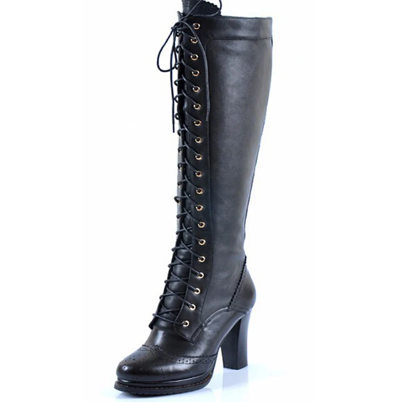 2018 New Winter Women Genuine Leather Thick High Heel Lace-up Round Toe Knee Boots Plus Size 43 44 45 Big | Обувь