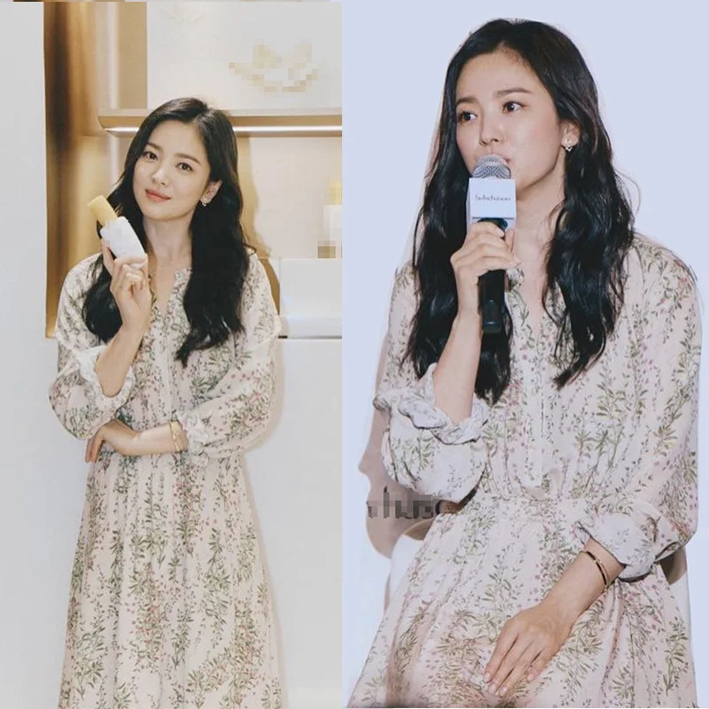 Женское платье с v образным вырезом и принтом знаменитостей Song Hye yo вечернее