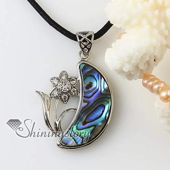 

moon flower rainbow abalone oyster shell silver plated rhinestone necklaces pendants 2013 cheap fashion jewellery